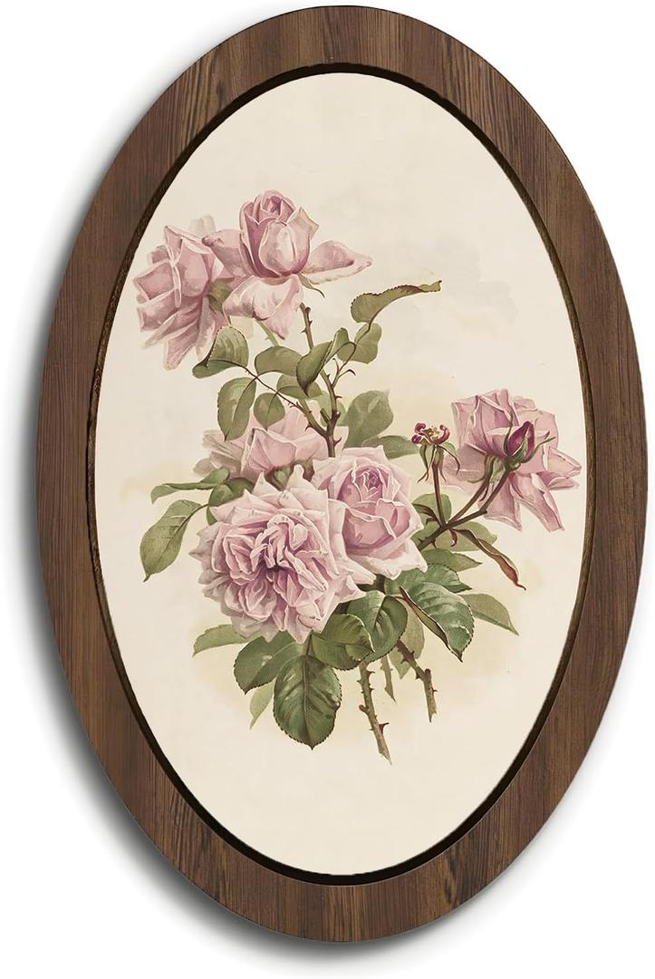 NaZaUK Vintage Floral Cottage Botanical Framed Wall Art Decor, Cottagecore Flower Botanical Oval Wall Hanging, Rustic Pink Rose Wooden Framed Decorations for Bathroom Bedroom (Pink Rose) 9x14.5 in