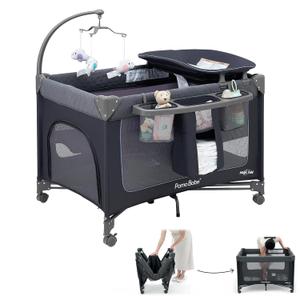 Pamo Babe 1-Second Setup 3-in-1 Playard for Babies - Heavy-Duty Steel Frame for Safe Sleep Space, Portable Crib with Zip Door & Changing Table, Locking Wheels, Breathable Mesh (Dark Grey)