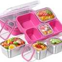  BiuLeon Snackle Box Containers, Stainless Steel 5 Compartments Divided Serving Tray with Lid, Removable LeakProof Portable Bento Box for Fruit Candy Nuts Food - School, Picnic and TravelPink: Serving Trays, Pink