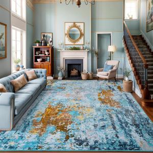 AROGAN 8x10 Rug Washable Area Rugs for Living Room, Modern Abstract Large Area Rug Non Slip Carpet, Low Pile Indoor Floor Soft Rug for Bedroom Dining Room Office Kids Playroom Decor, Mottled Blue (810 Feet)
