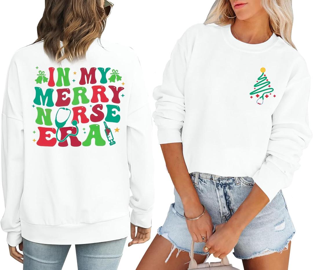 VILOVE Christmas Nurse Sweatshirt Women In My Merry Nurse Era Pullover Nurse Life Shirt Christmas Crewneck Long Sleeve Tops (White, XXL)