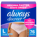 Always Discreet Adult Incontinence Underwear for Women and Postpartum Underwear, Large, Up to 100% Bladder Leak Protection, 76 Count (2 Packs of 38)