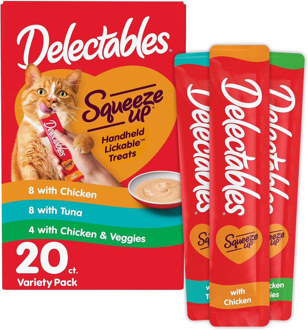 Delectables Squeeze Up Variety Pack, Creamy Squeezable Puree, Lickable Wet Cat Treats, Grain Free, No Added Fillers, No by-Products, No Added Preservatives, 0.5 Ounces Tube, 20 Tubes Total (EXP 08/21/26)