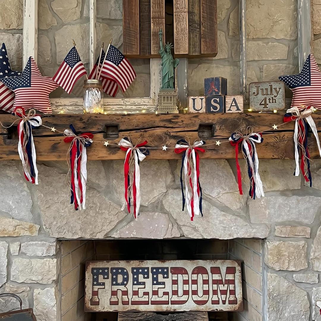 Novabright 11.8 ft Red White Blue Patriotic Bow Star Banner 4th of July Ribbon Star Garland 250th Anniversary Mantle Decor for Indoor Outdoor Memorial Day Veteran Independence Day Party Supplies, 11.8 ft/142 inches