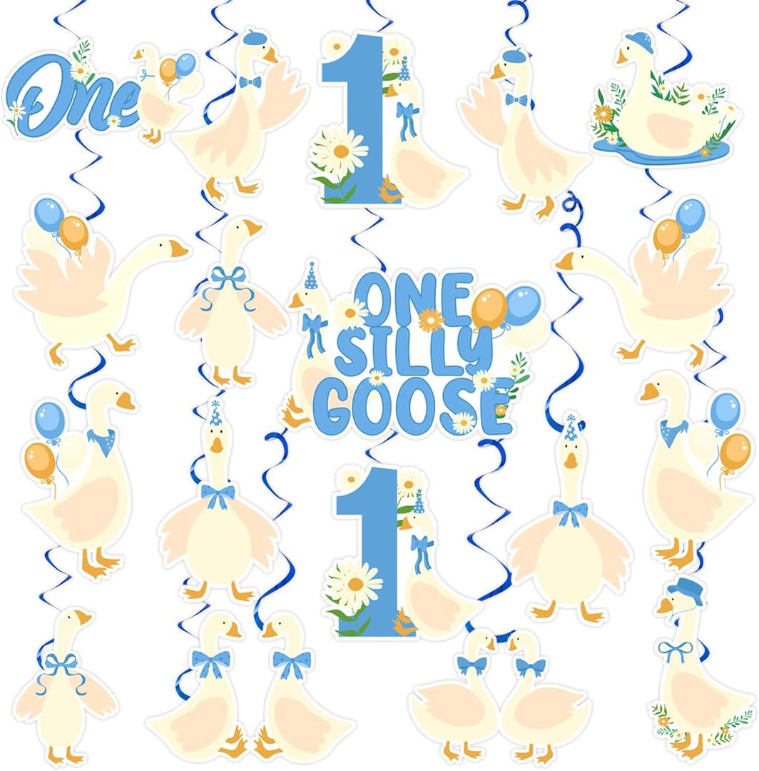 24Pcs One Silly Goose 1st Birthday Decor Silly Goose Hanging Birthday Swirl for Boys Blue Bow Silly Goose First Birthday Decorations for Funny Goose Theme 1st Birthday Party Supplies