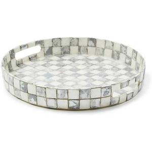 MACKENZIE-CHILDS Capiz Round Tray, Gray-and-White Sterling Check | Hand-applied design, made from capiz seashell, circular serving platter for food and drinks, 14" dia. x 2" H
