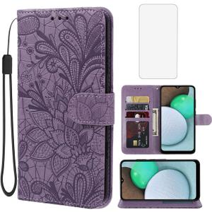 Case for Galaxy A03S Case, Samsung A03S SM-A037U Wallet Case with Tempered Glass Screen Protector, Lace Flower PU Leather Flip Credit Card Holder Phone Cover for Samsung Galaxy A03S Purple