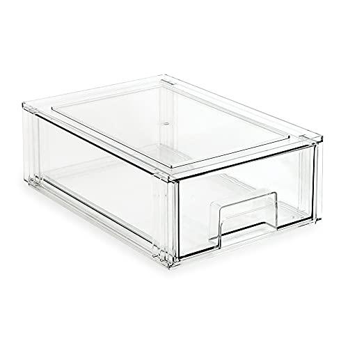 Isaac Jacobs Medium Stackable Organizer Drawer (12.5” x 8.3” x 4.1”), Clear Plastic Storage Box, Pull-Out Bin, Home, Office, Closet & Shoe Organization, BPA-Free, Food/Fridge/Freezer Safe (Medium)