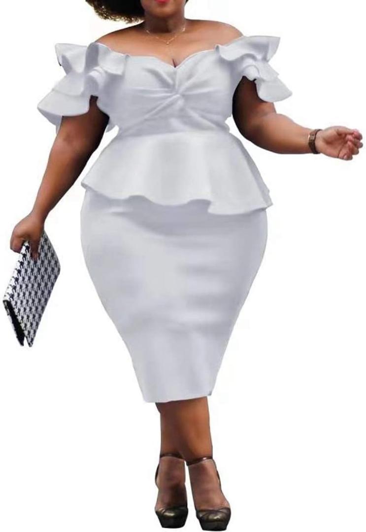 VERWIN Plus Size Women's Midi Dress Patchwork Short Sleeve Women's Bodycon Dress High Waist Dress (4X-Large, White)