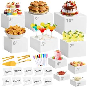 10 Pcs Buffet Risers with Mini Sign and Maker Serving Tongs Cake Cutter, White Acrylic Food Display Stands for Buffet Table Party Catering Dessert Nesting Cube Boxes with Hollow Bottoms (10",9",8",7",6",5",5",4",4",3")