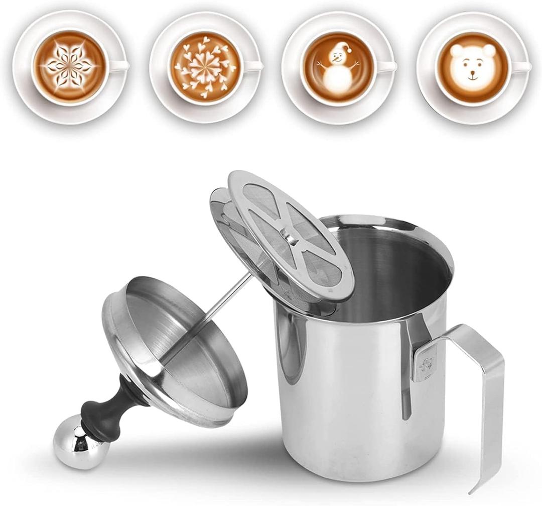 Milk Frother, 400ml/14oz Stainless Steel Pitcher Jug Manual Creamer Frother Cup Hand Pump Milk Foam Maker With Double Mesh Lid for Latte Cappuccino Coffee Cream Frothing