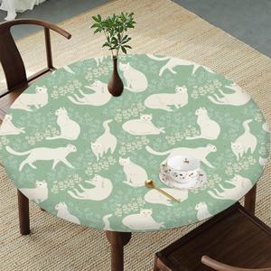 Feline Pastoral Round Tablecloth  Fitted Circle Table Cover with Elastic Edge, Waterproof & Washable Polyester Table Cloth for 55" to 66" Indoor/Outdoor Tables