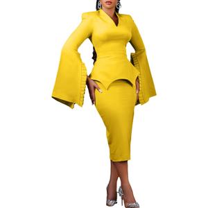 Voghtic Women Peplum Bodycon Pencil Dress Business Office Wear to Work Sheath Dress v Neck Ruffle Sleeve Church Dresses (Large, Yellow)