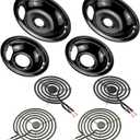 W10290350 W10290353 Porcelain Drip Pan Set & MP22YA Electric Range Burner Element Fit for W-hirlpool A-mana C-rosley Electric Range, 4 Pack Black Drip Pans & Stove Burners Replacement by Fetechmate