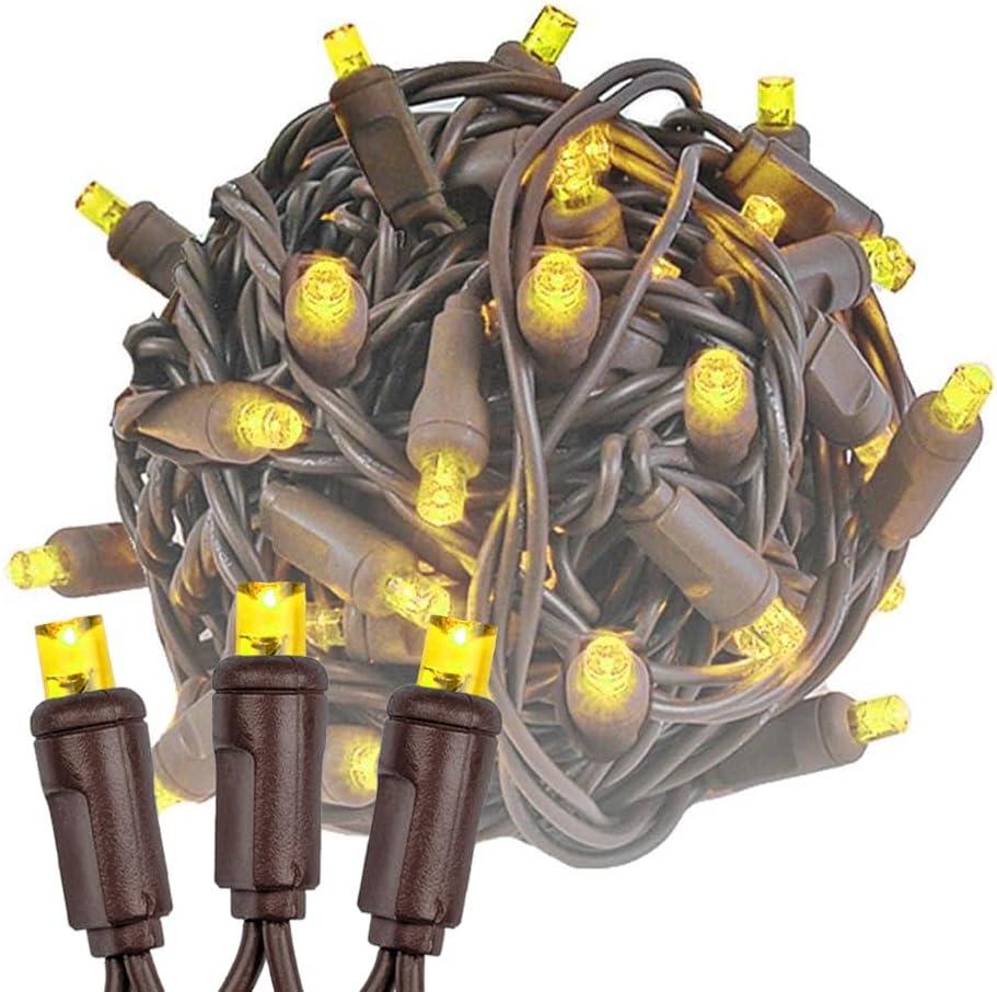 Novelty Lights 25ft 50 LED Yellow Christmas String Lights, 6" Spacing on Brown Wire, UL Listed IP55 Commercial Grade Xmas Lights for Outdoor/Indoor, Dimmable, Connectable
