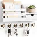 FifthQuarter Key Holder Wall Mount: Key and Mail Holder for Wall with 6 Hooks and Storage Drawer, Easy Installation Key Rack for Entryway Home Decor (A-White)