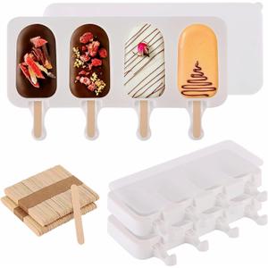 1 Set Popsicles Molds with Lids and 100 Pcs Wooden Popsicles Sticks, Standard Size 4 Cavities Silicone Ice Pop Molds for Making Cakesicles, Cake Pops, Ice Cream - BPA Free