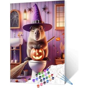 Walarky Halloween Paint by Numbers for Adults Capybara Painting Kits Art with Brushes Hallowmas Acrylic Pigment Wall Decor Unique Gift (Frameless) (16''x20''(Frameless))
