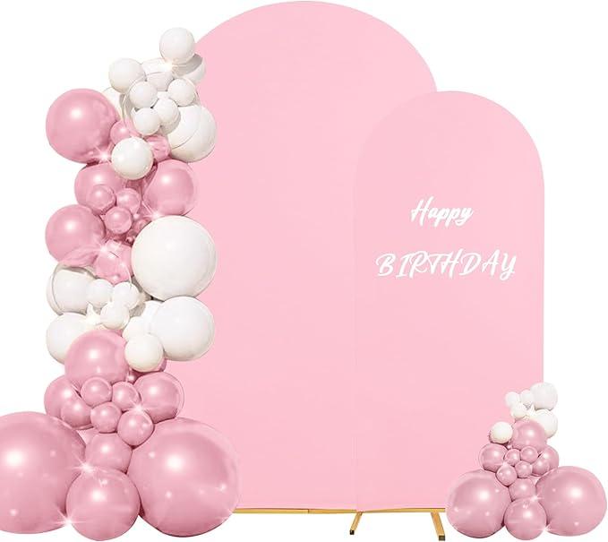 Set of 2 Wedding Arch Cover 2-Sided Round Top Spandex Fitted Arch Backdrop Cover for Birthday Party Baby Shower Wedding Arch Stand Deco (7.2FT, 6FT, Pink）
