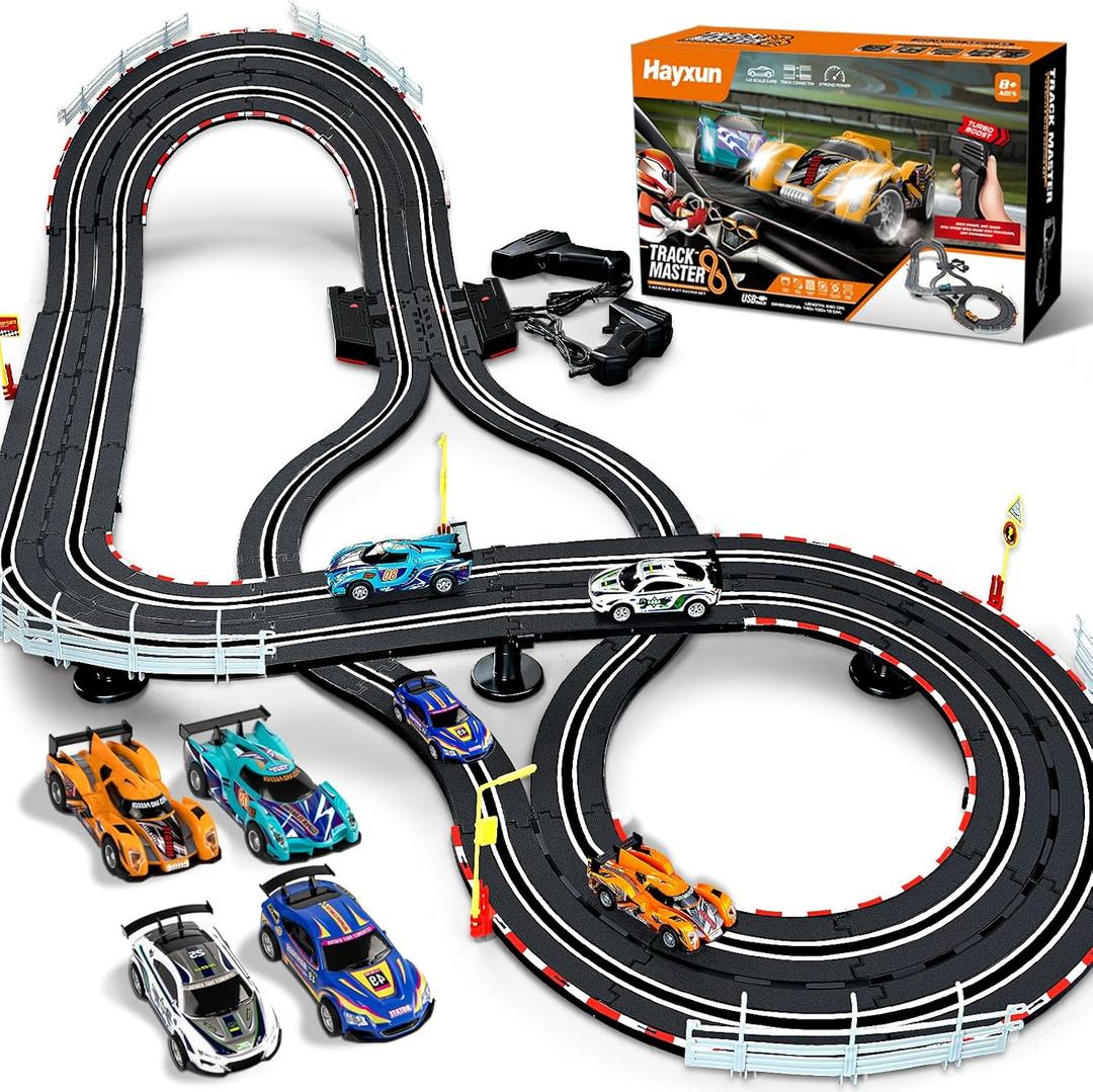 Electric Slot Car Race Track Sets - 1:43 Race Car Track Sets with 4 Slot Cars with Headlights, 2 Hand Controllers, Dual Racing Game Lap Counter, Birthday, Toys for Kids