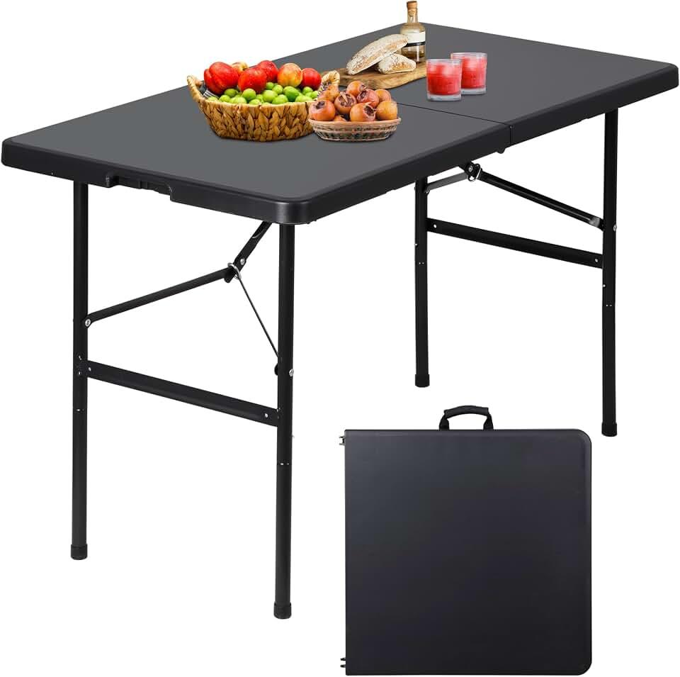 4ft Folding Table, Portable Plastic Picnic Table with Handle Card Table for Picnic Party Camping Dining Indoor Outdoor Lightweight, Black