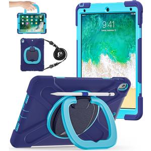 BATYUE iPad Air 3rd Generation Case 2019 / iPad Pro 10.5 inch Case 2017; Rugged Heavy Duty Protective Cover with Pencil Holder, 360 Swivel Stand, Shoulder Strap; for Kids (Navy Blue+Blue)