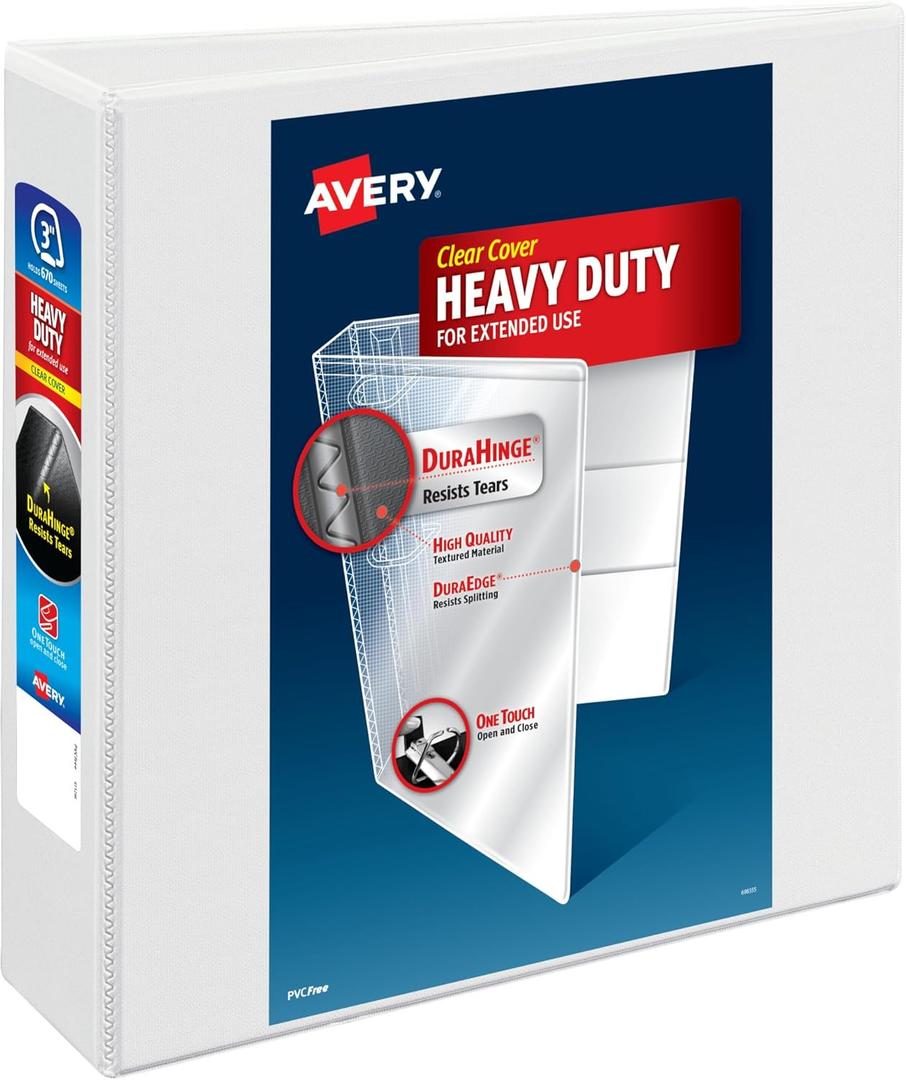 Avery Heavy-Duty View 3 Ring Binder, 3" One Touch EZD Rings, 670-Sheet Capacity, 3.5 Inch Wide Spine, Great for Home, School Supplies, Office, or Organization Needs, 1 White Binder (79193)