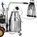 VEVOR Electric Cow Milking Machine, 6.6 Gal / 25 L 304 Stainless Steel Bucket, Automatic Pulsation Vacuum Milker, Portable Milker with Food-Grade Silicone Cups and Tubes, Adjustable Pressure