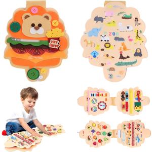 Busy Board, 4 Pages Educational Busy Book Learning Sensory Toys for Toddlers with Fine Motor Skills, Busy Book Toys Gifts, Bear Shape