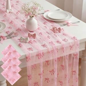4 Pcs Pink Bow Table Runners 29 x 70 Inch Pink Tulle Lace Table Runner Coquette Bow Tablecover for Wedding Birthday Baby Shower Valentine's Home Decor