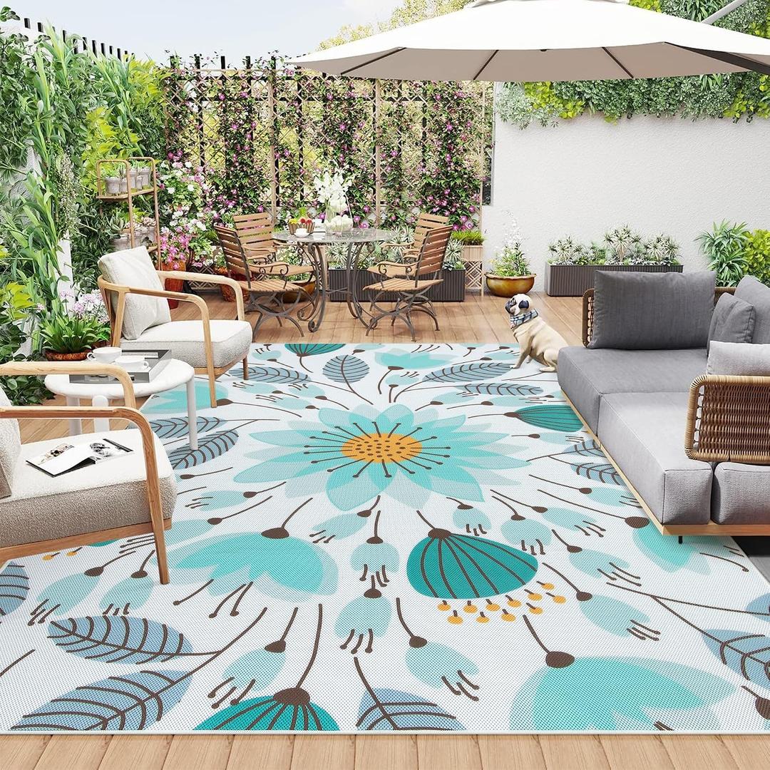Lahome Floral Indoor Outdoor Rug 8x10, Non Slip Outdoor Patio Rug for Balcony Deck, Portable Large Outdoor Rugs for Camping Picnic Backyard, RV Mat Outdoor Carpet for Living Room Bedroom,Blue