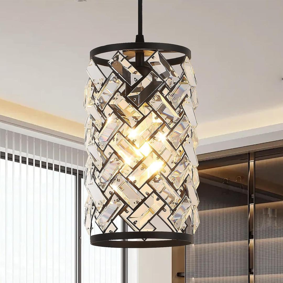 Black Crystal Pendant Lights Kitchen Island, Modern Mini Chandelier, Adjustable Hanging Ceiling Light Fixture for Kitchen Dining Room Bedroom Foyer Bar (1 Pack)