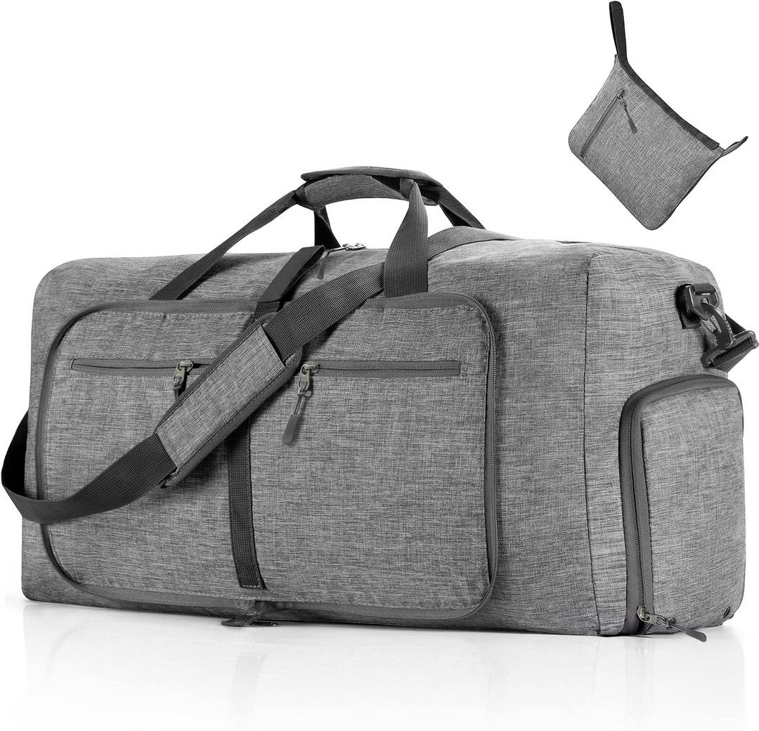Vomgomfom 85L Foldable Travel Duffle Bag, Lightweight Checked Luggage with Shoe Compartment, Water-Resistant Weekender Overnight Bag for Men & Women, Grey