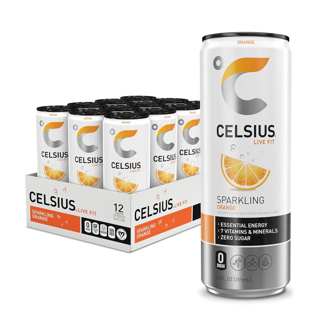 CELSIUS Sparkling Orange, Sugar Free Energy Drink, 12 Fl Oz (Pack of 12) (EXP 09/01/27)