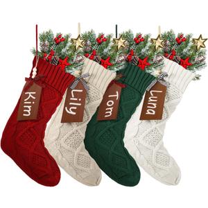 Aoriher 4 Sets Large Christmas Stockings with DIY Name Tags, 18 Inch Knitted Stockings Personalized Xmas Hanging Decorations with Name Tags for Christmas Family Decor (Red,Green,Khaki,White)