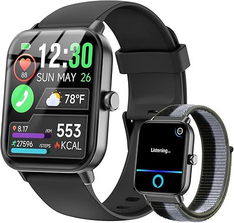 Smart Watches for Women/Men, Smart Watch for Android Phones and iPhone Compatible, Alexa Built-in, 1.8" Fitness Watches for Women, IP68 Waterproof /Bluetooth Call, Heart Rate/Sleep Monitor, Two Bands