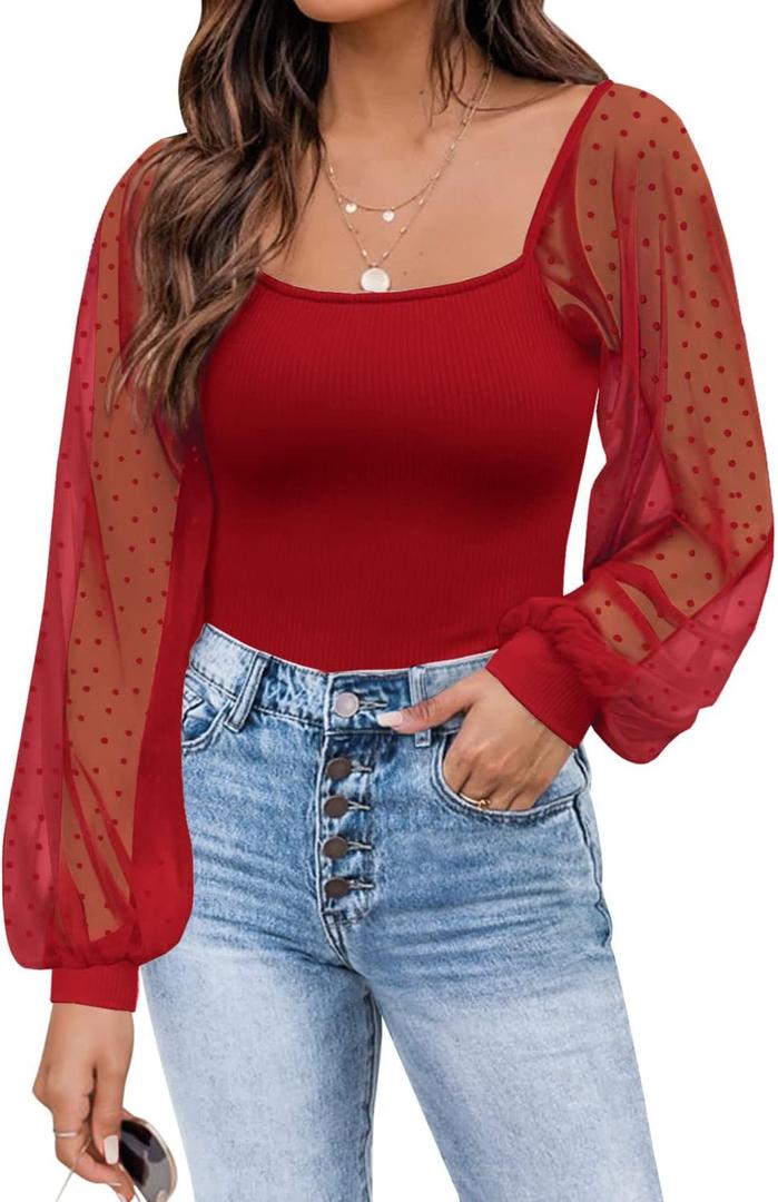 DOROSE Womens Mesh Long Sleeve Shirts Casual Blouses Tops (Large, Red)
