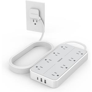 TESSAN Power Strip Surge Protector, 10FT Flat Plug Extension Cord with 8 Outlets 3 USB Charger(1 USB C), 1080 Joules Protection, Wall Mountable Charging Station for Home Office Dorm, Gray
