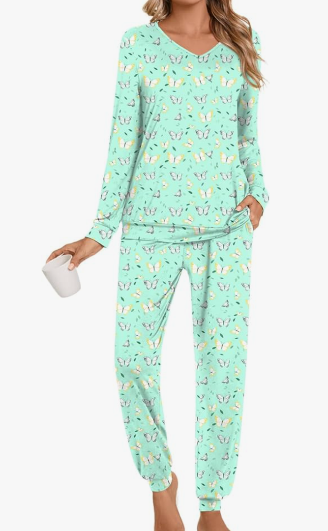 Anydoll Womens Pajamas Sets 2 Piece Lounge Set Long Sleeve Pjs Fall Joggers Pants Sleepwear with Pockets, Medium