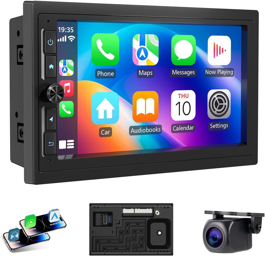 7" Double Din Car Stereo with Wireless Apple CarPlay/Android Auto, HD Touchscreen Car Radio with 2+32GB, Mirror Link, Backup Camera, GPS, WiFi, BT 4.1, FM/AM for All Vehicle