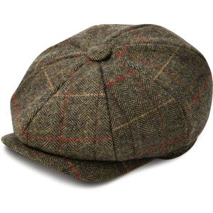 BOTVELA Men's 8 Panel Wool Blend Newsboy Flat Cap Herringbone Tweed Hat (7 5/8, Plaid Khaki)