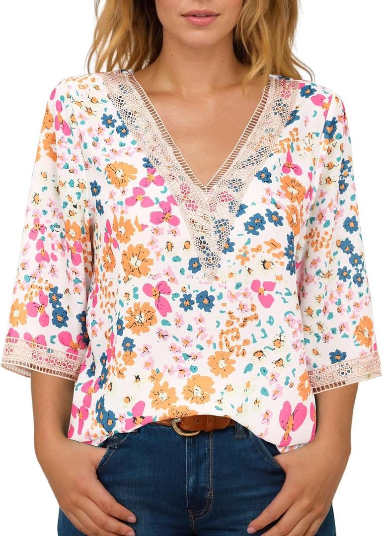 IRISGOD Womens 3/4 Length Sleeve V Neck Tops Dressy Casual Chiffon Blouse Summer Floral Bohemian 2025 Tredny Shirts (Beige, XL)