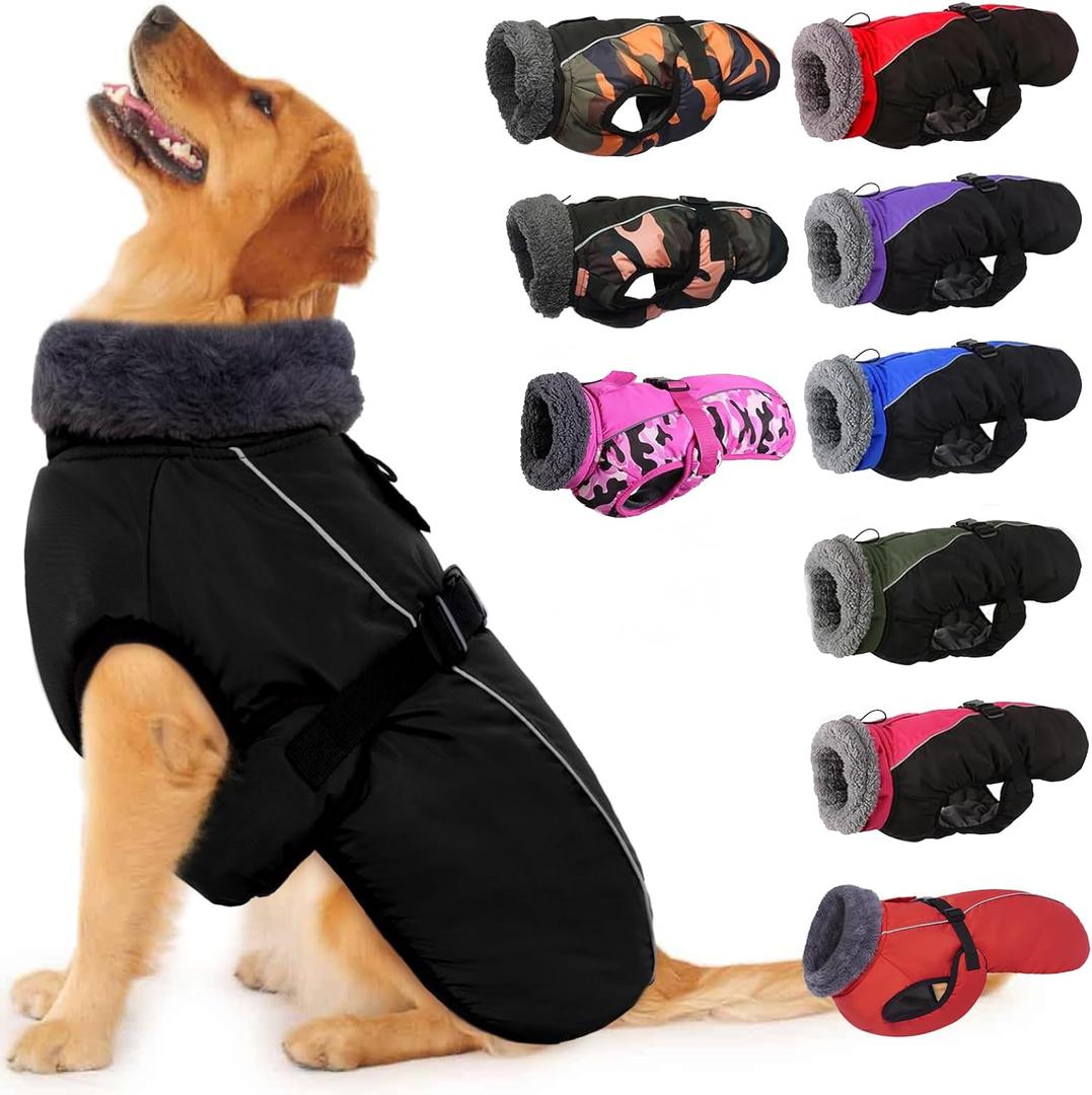 IECOii Extra Warm Reflective Dog Jacket - Adjustable Dog Winter Coat with Buckle & Soft Fleece for Dogs (X-Large(Chest:24.4-29.9 in), Black)