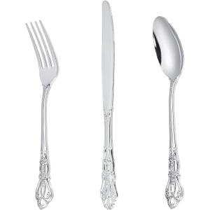 90PCS Silver Plastic Silverware - Heavy Duty Silver Disposable Cutley - Fancy Plastic Utensils Flatware Include 30 Forks, 30 Spoons, 30 Knives for Catering, Parties, Dinners, Weddings
