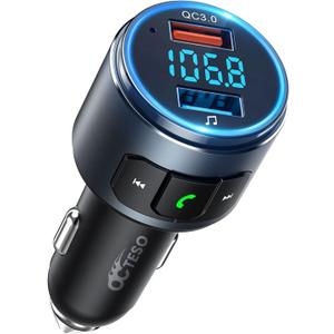 Upgraded V5.3 FM Bluetooth Transmitter, Bluetooth Car Adapter QC3.0 & LED Backlit Wireless FM Radio Adapter Music Player/Car Kit, Siri Google Assistant (Black)