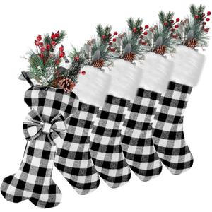 BBTO 5 Pcs Plaid Christmas Stockings, 18 Inch Buffalo-Plaid Xmas Stockings Large Bone Shape Christmas Decor Fireplace Hanging Decoration for Xmas Family (White Black Buffalo Plaid)