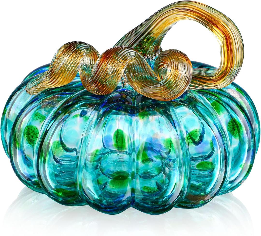 QFkris Hand-Blown Glass Pumpkin for Decorating, 3.4 x 3.5 inches, Fall Decorations for Home, Crystal Pumpkin Figurine (Medium Turquoise)