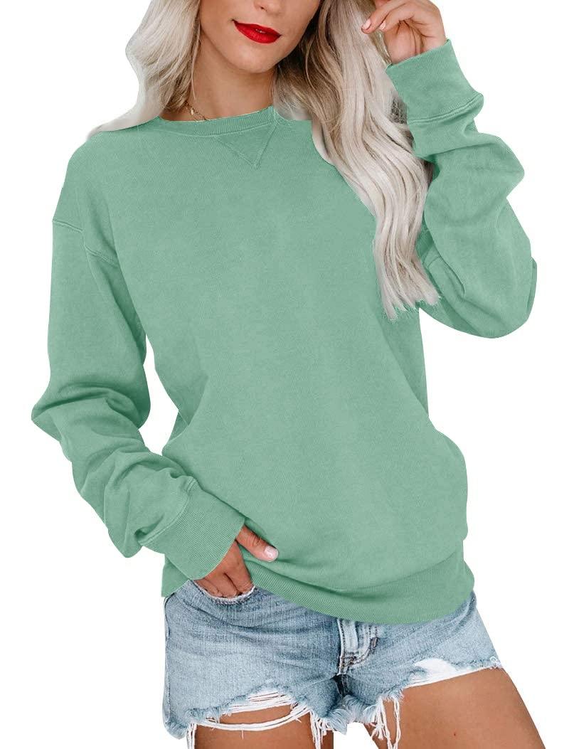 BeadChica Womens Casual Crewneck Sweatshirt Long Sleeve Tops Cute Pullover Loose Fit-Solid-S (Green, S)