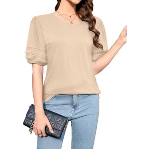 Puff Sleeve Tops for Women V Neck T Shirts Summer Business Casual Tops Loose Fit Dressy Casual Blouses (M)