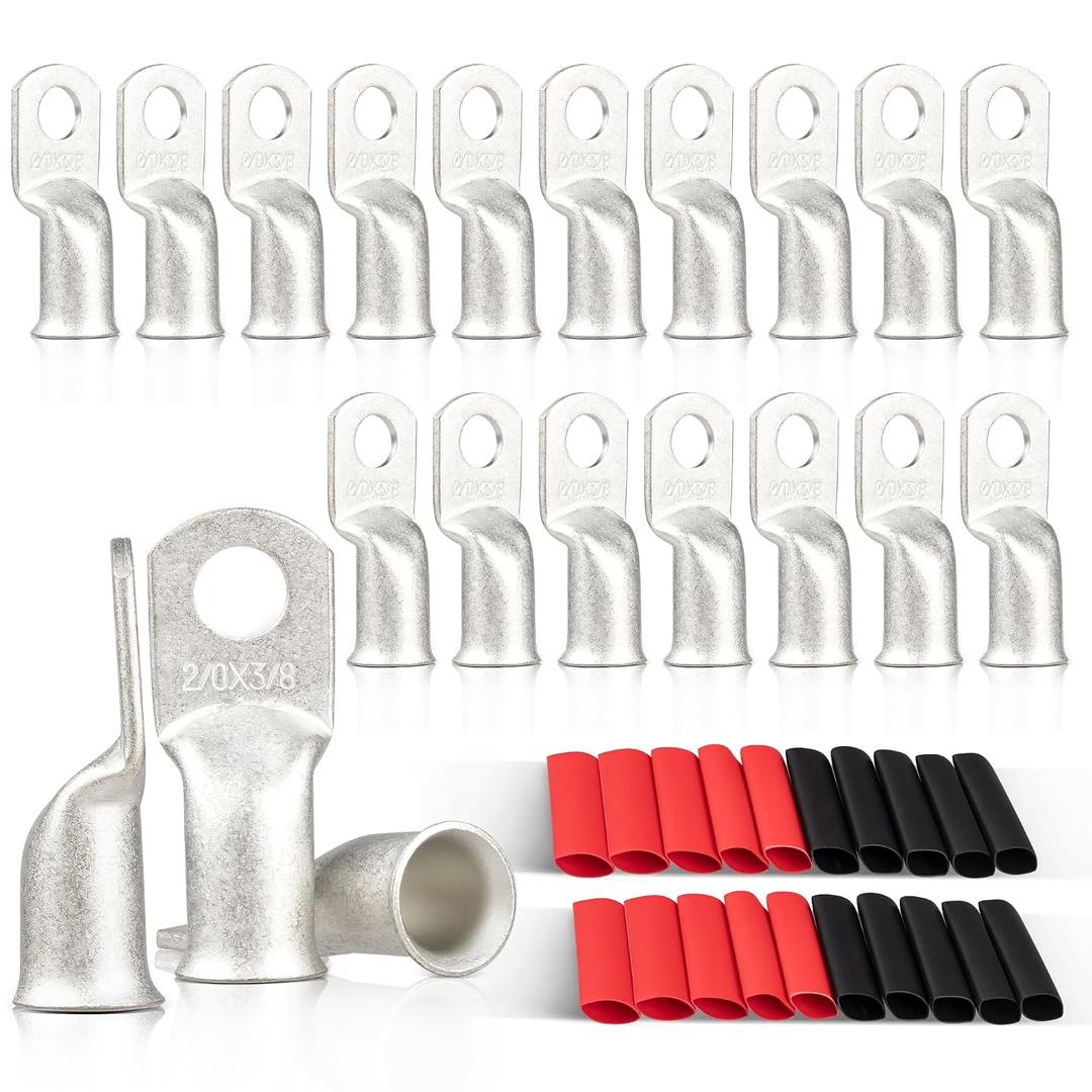 RED WOLF 20PCS 2/0 AWG-3/8 Marine Grade Wire Lugs, Tinned Copper Ring Terminal Connectors Ends W/3:1 Dual Wall Adhesive Heat Shrink Tubing, Heavy Duty Anti-Rust Battery Cable Ends